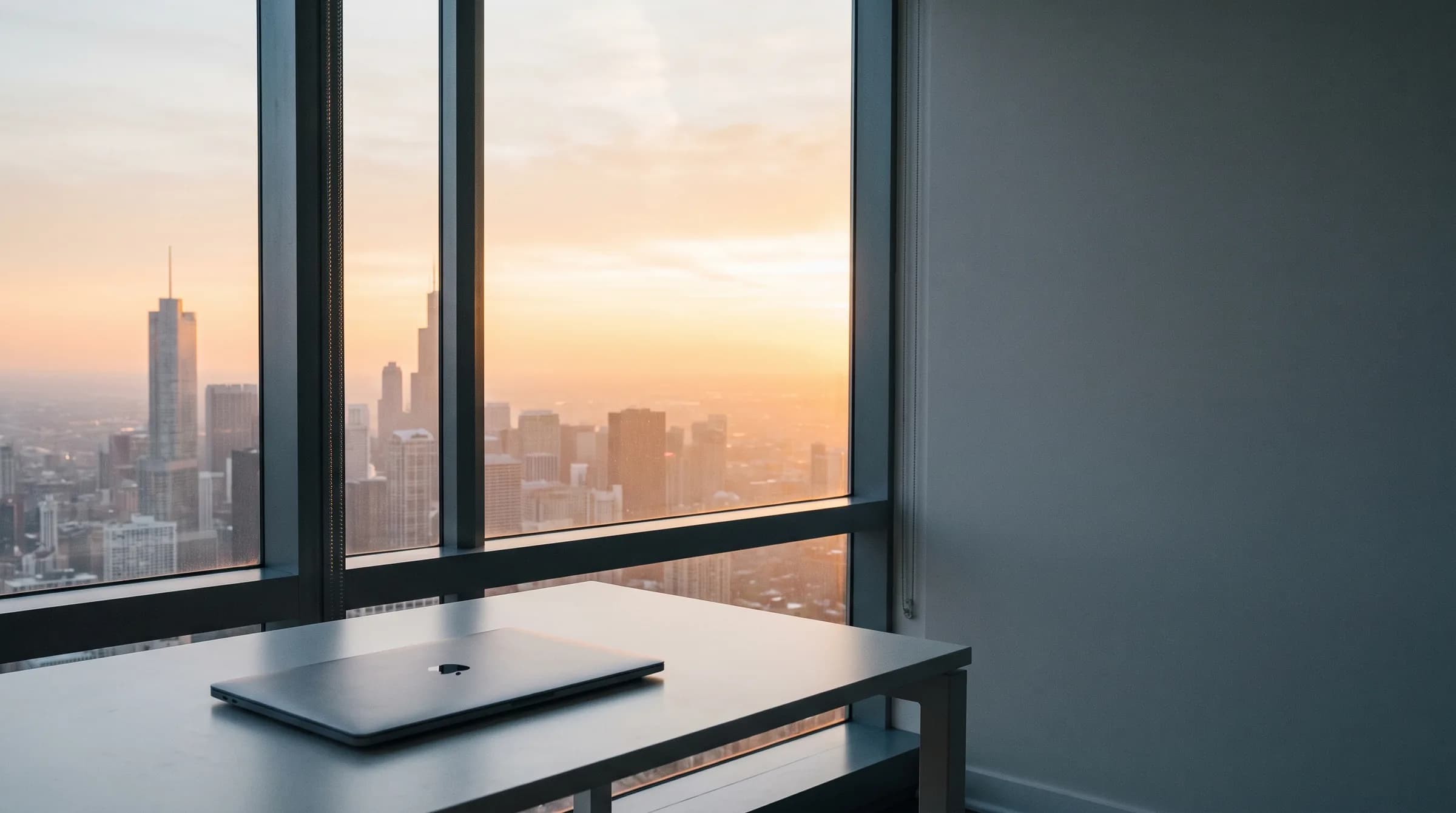 Schreibtisch mit geschlossenem Laptop vor der Skyline einer amerikanischen Stadt bei Sonnenaufgang